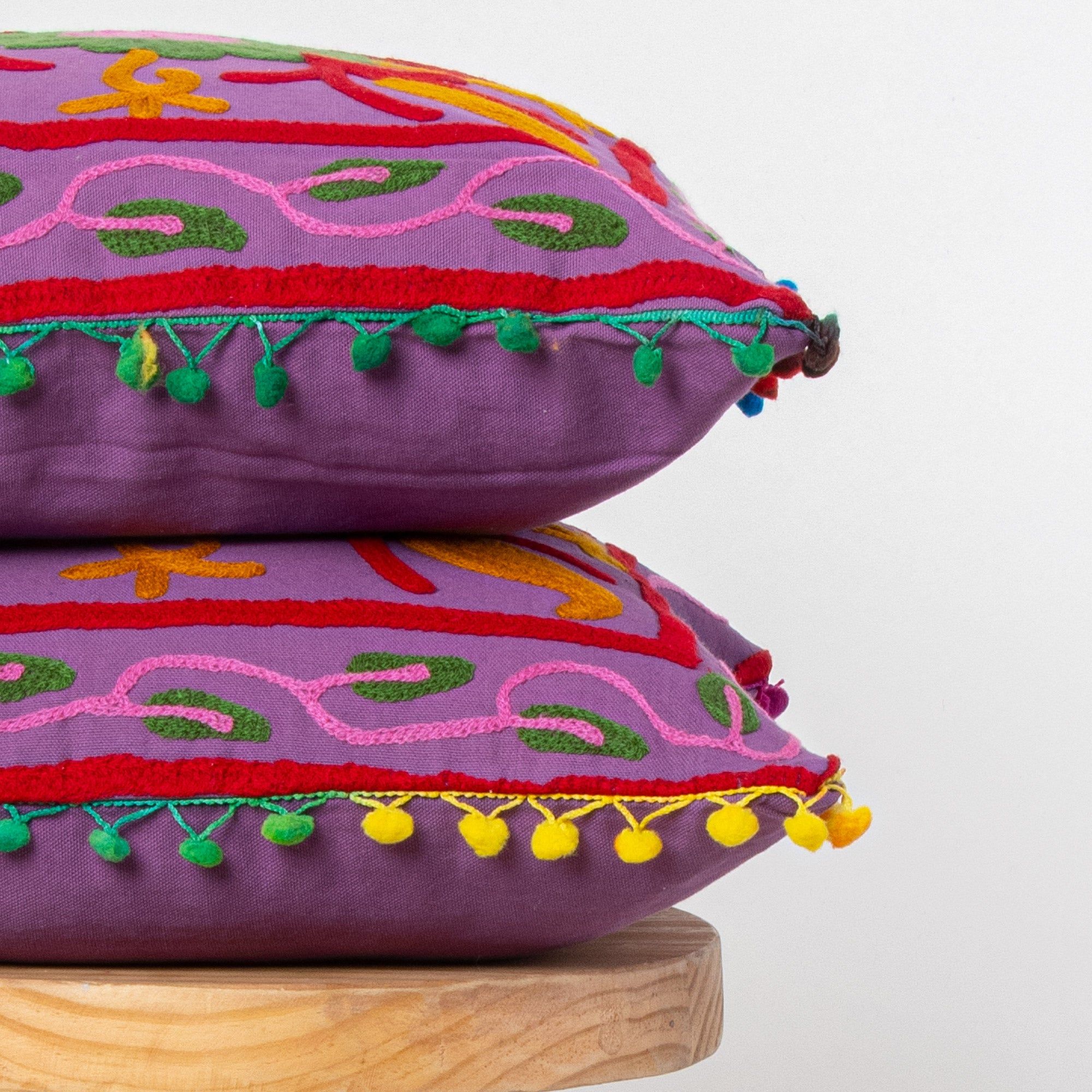 Organic Cotton Jaipuri Pom Pom Embroidered Cushion Covers